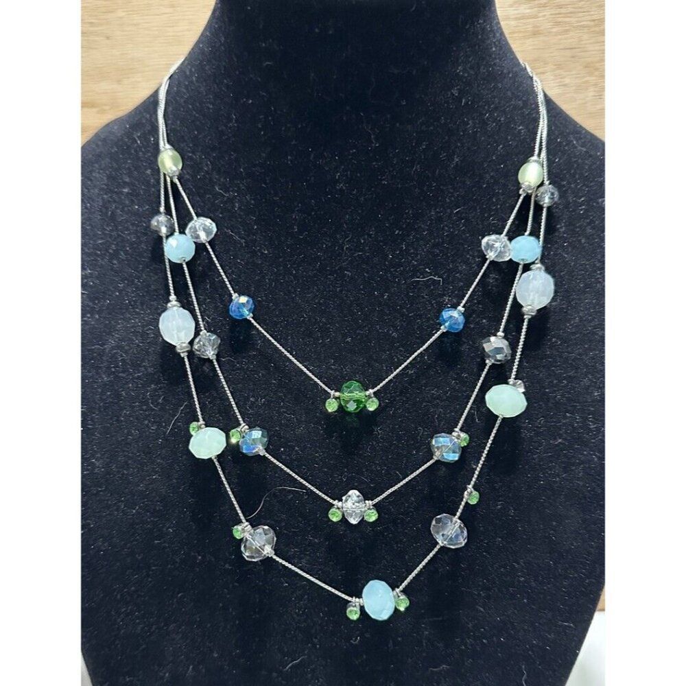 multi strand  silver tone beaded necklace 17-20”